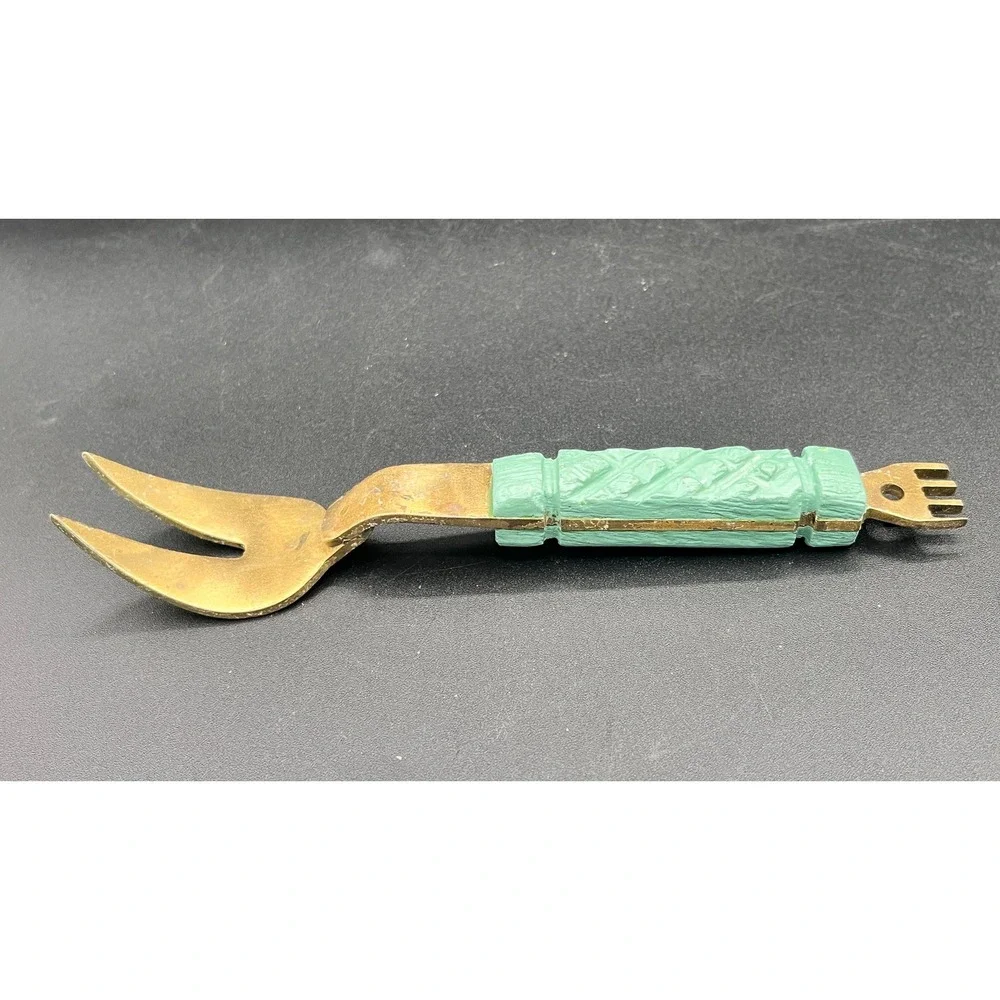 Vtg‎ Lg Hammered Brass Wood Serving Fork Smaller 2-Prong Fork Spoon Handcrafted